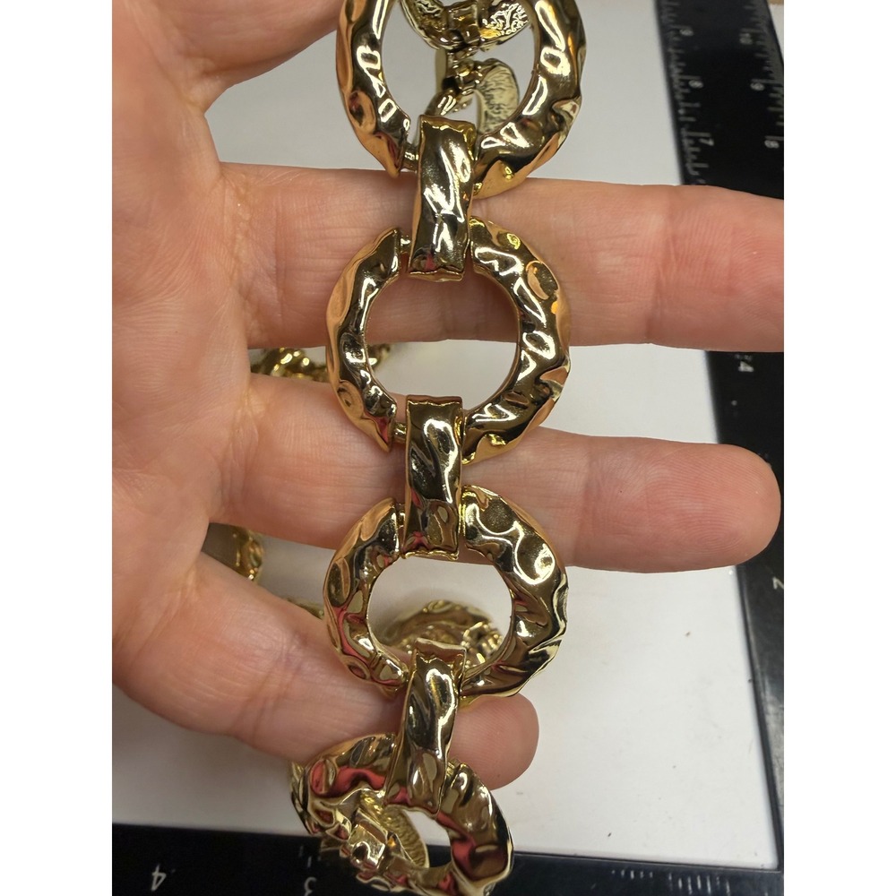 Gold Tone Hammered Chunky Link Statement Necklace Textured Round Ring 19 Inch